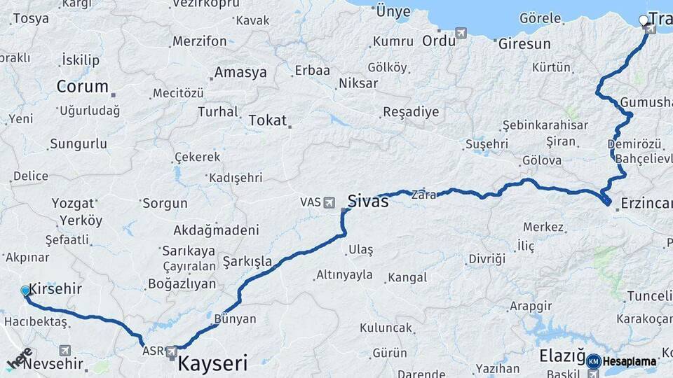 Kırşehir Trabzon Arası Kaç Km - Yol Haritası