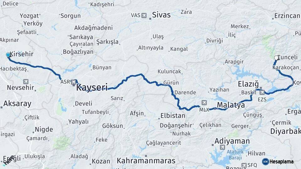 Kırşehir Tunceli Arası Kaç Km - Yol Haritası