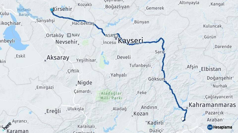 Kırşehir Türkoğlu Kahramanmaraş Arası Kaç Km - Yol Haritası