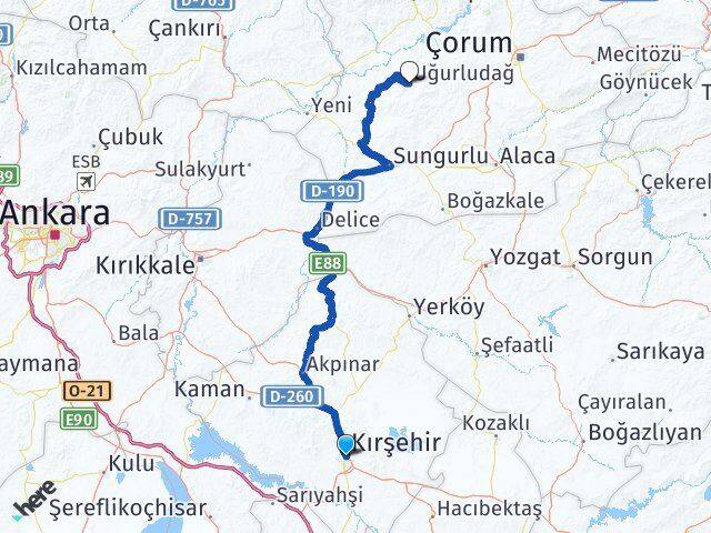 Kırşehir Uğurludağ Çorum Arası Kaç Km - Yol Haritası