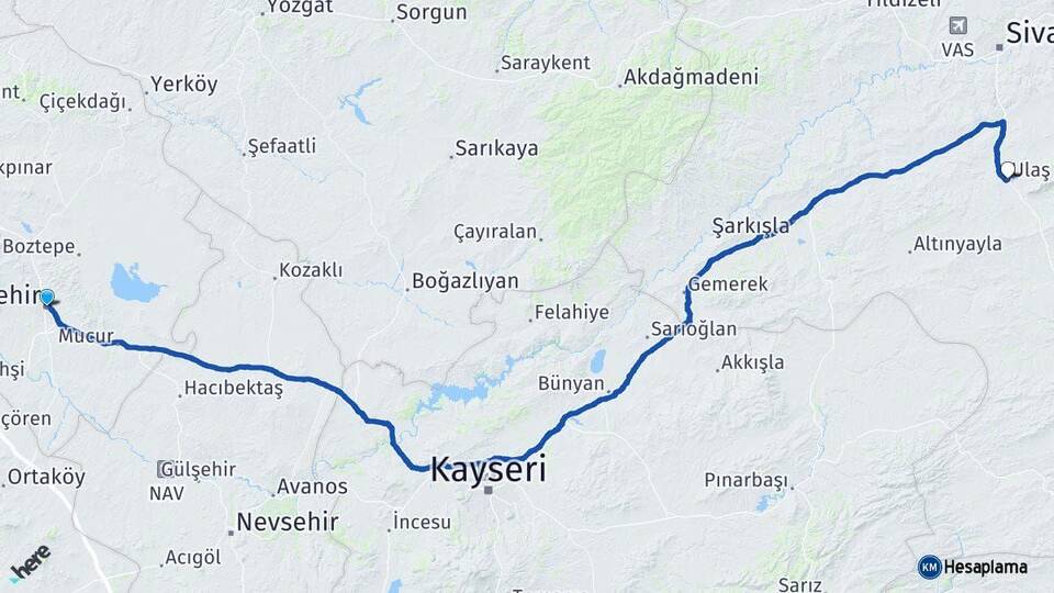 Kırşehir Ulaş Sivas Arası Kaç Km - Yol Haritası