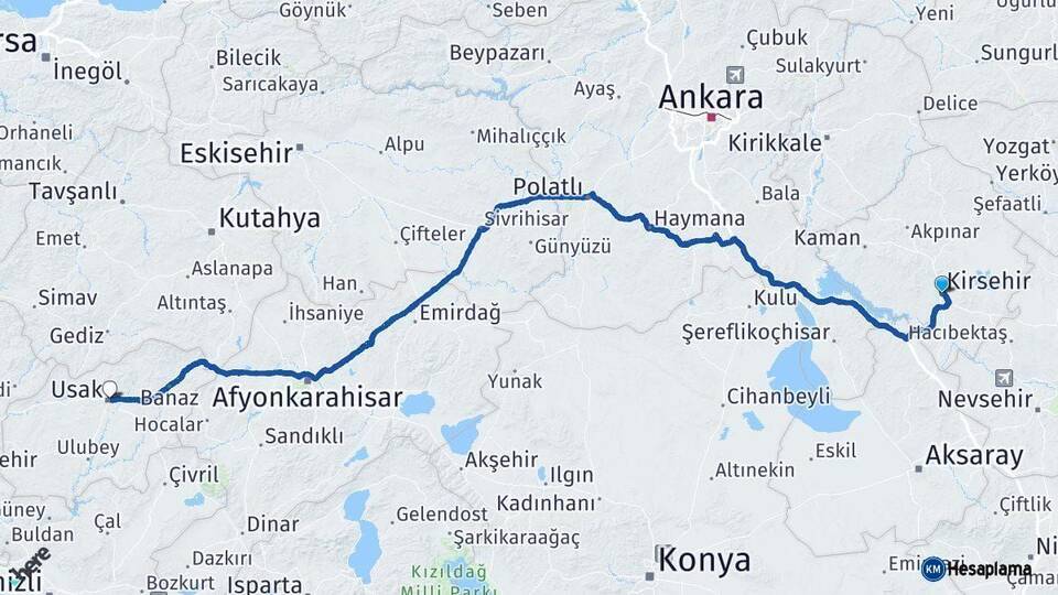 Kırşehir Uşak Arası Kaç Km - Yol Haritası