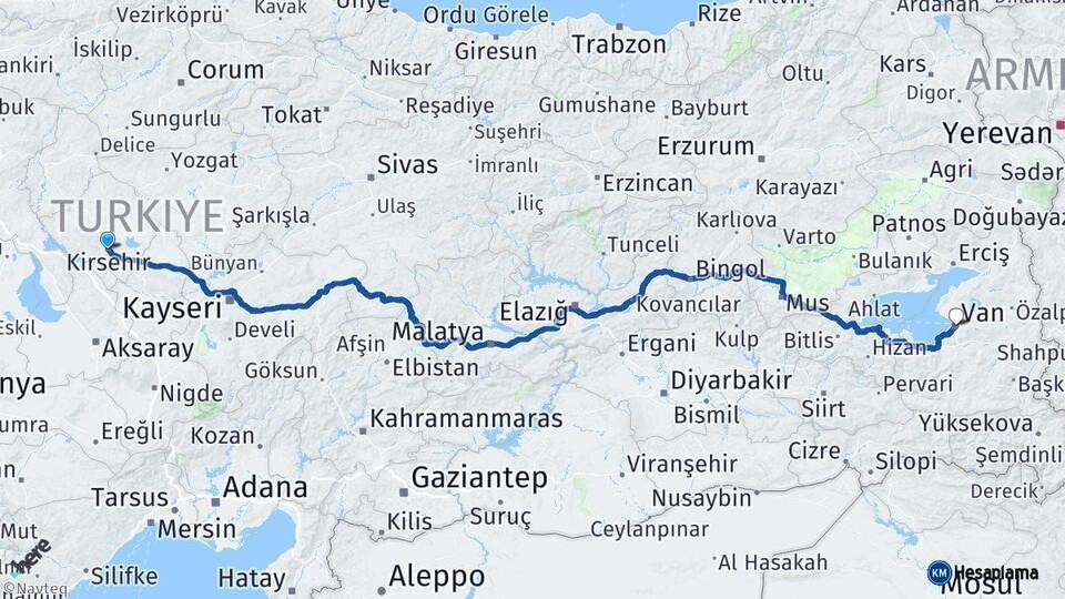Kırşehir Van Arası Kaç Km - Yol Haritası