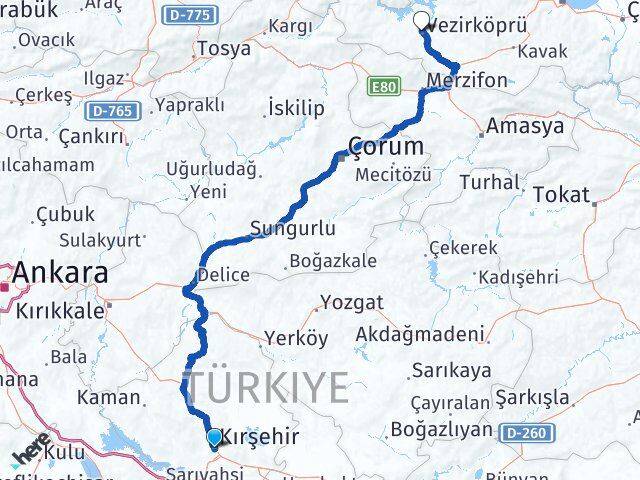 Kırşehir Vezirköprü Samsun Arası Kaç Km - Yol Haritası