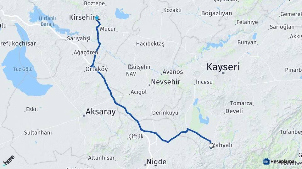 Kırşehir Yahyalı Kayseri Arası Kaç Km - Yol Haritası