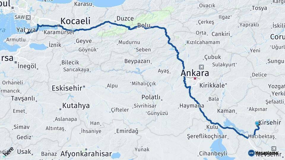 Kırşehir Yalova Arası Kaç Km - Yol Haritası