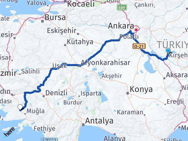 Kırşehir Yatağan Muğla Arası Kaç Km - Yol Haritası