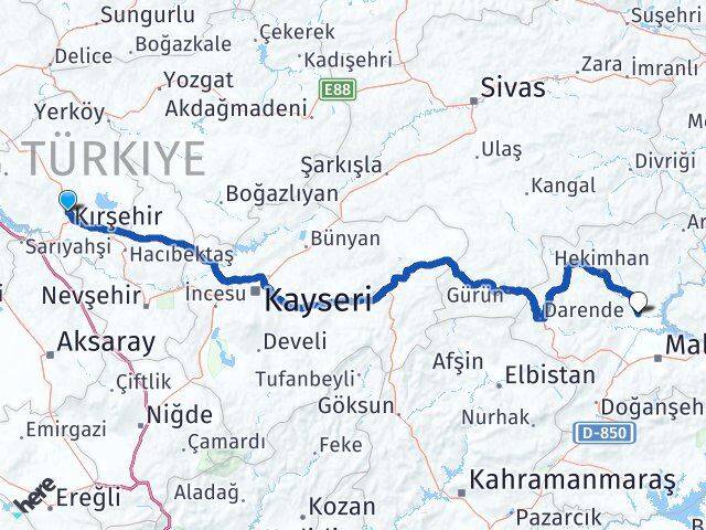 Kırşehir Yazıhan Malatya Arası Kaç Km - Yol Haritası