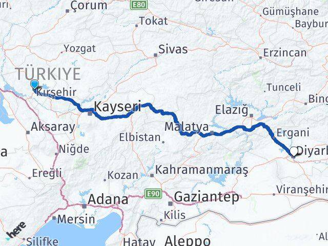 Kırşehir Yenişehir Diyarbakır Arası Kaç Km - Yol Haritası