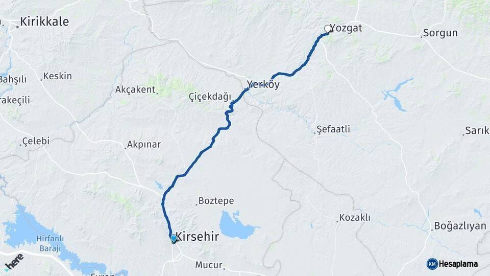 Kırşehir Yozgat Arası Kaç Km - Yol Haritası