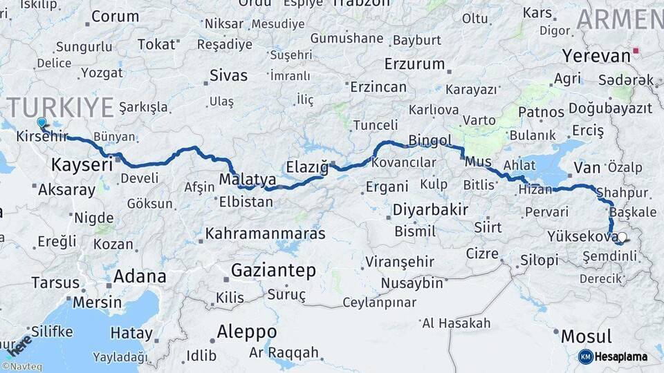 Kırşehir Yüksekova Hakkari Arası Kaç Km - Yol Haritası