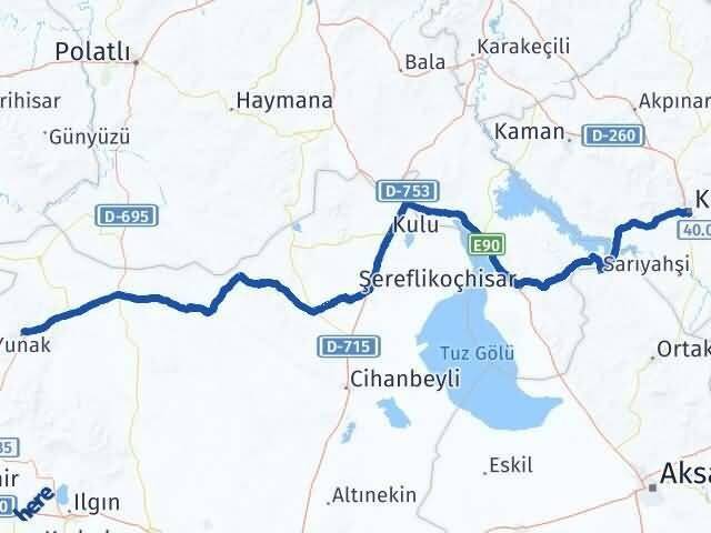 Kırşehir Yunak Konya Arası Kaç Km - Yol Haritası