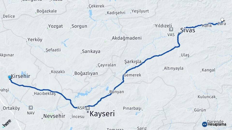Kırşehir Zara Sivas Arası Kaç Km - Yol Haritası