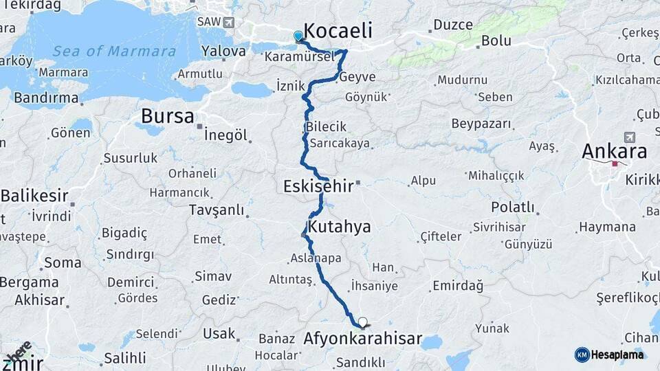Kocaeli Afyonkarahisar Arası Kaç Km - Yol Haritası