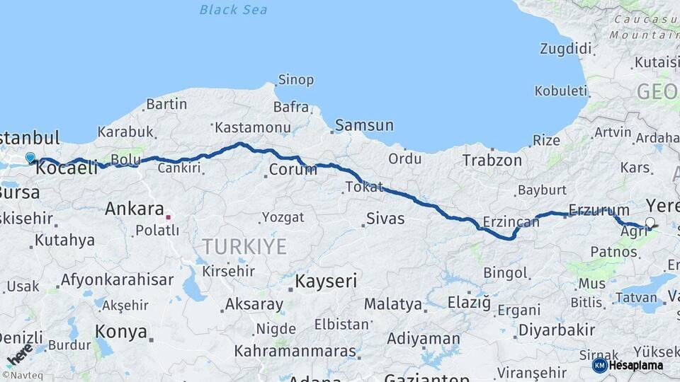 Kocaeli Ağrı Arası Kaç Km - Yol Haritası