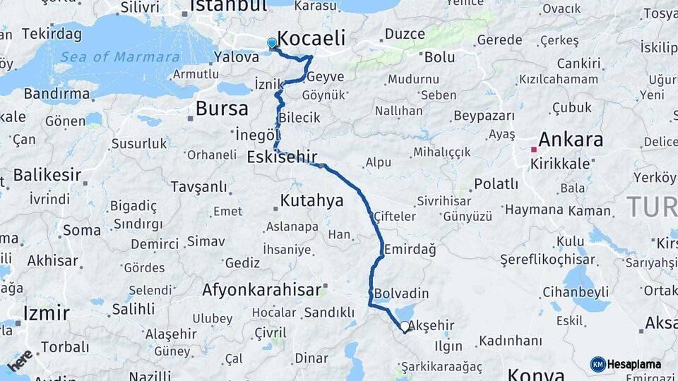 Kocaeli Akşehir Konya Arası Kaç Km - Yol Haritası