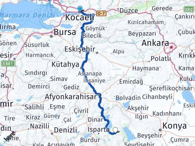 Kocaeli Aksu Isparta Arası Kaç Km - Yol Haritası
