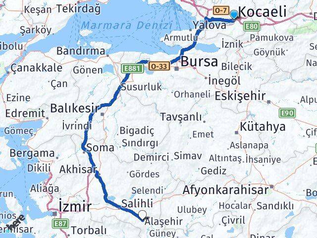 Kocaeli Alaşehir Manisa Arası Kaç Km - Yol Haritası