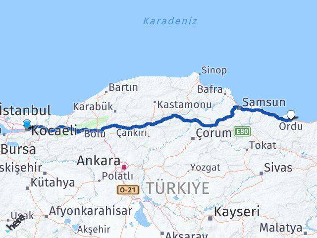 Kocaeli Altınordu Arası Kaç Km - Yol Haritası