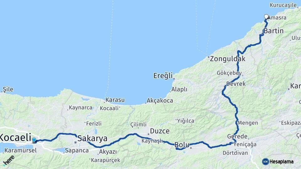 Kocaeli Amasra Bartın Arası Kaç Km - Yol Haritası