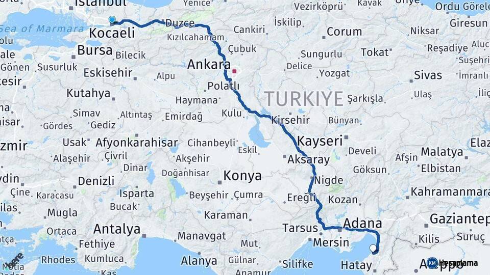 Kocaeli Arsuz Hatay Arası Kaç Km - Yol Haritası