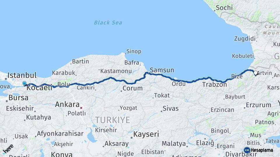 Kocaeli Artvin Arası Kaç Km - Yol Haritası