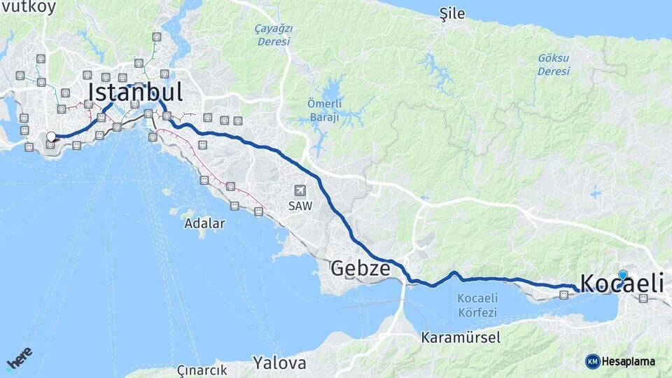 Kocaeli Atatürk Havalimanı Arası Kaç Km - Yol Haritası