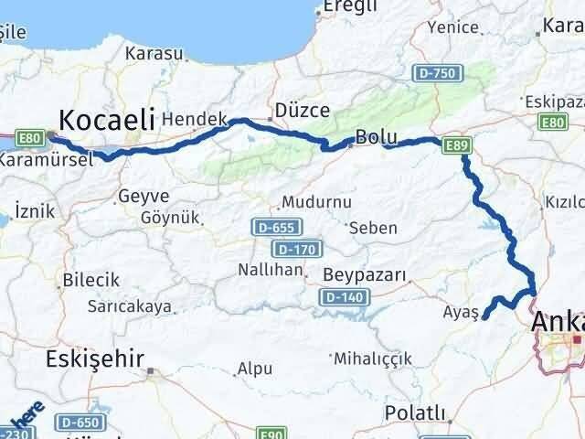 Kocaeli Ayaş Ankara Arası Kaç Km - Yol Haritası