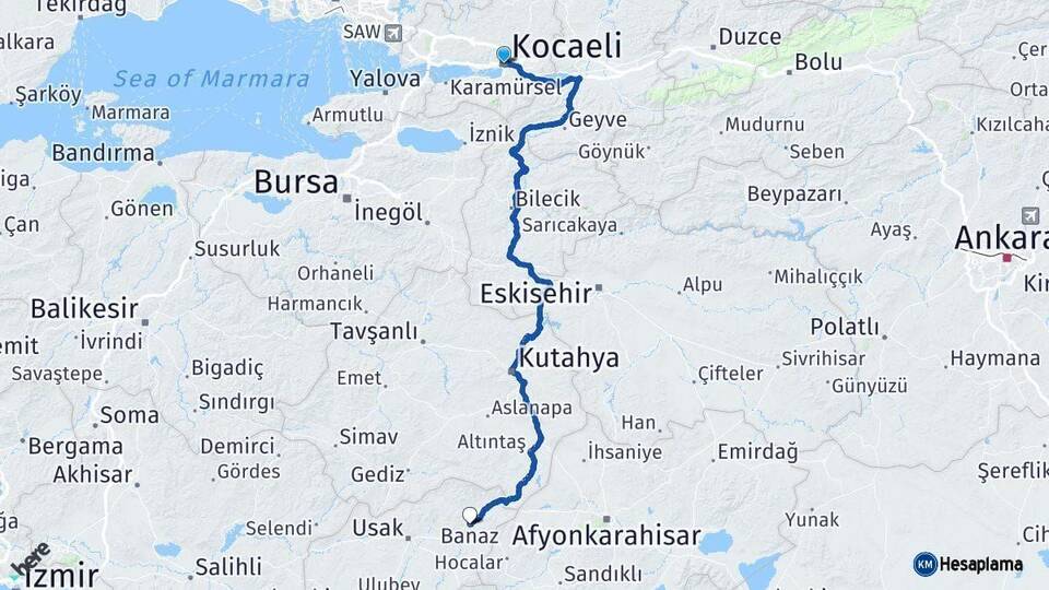 Kocaeli Banaz Uşak Arası Kaç Km - Yol Haritası