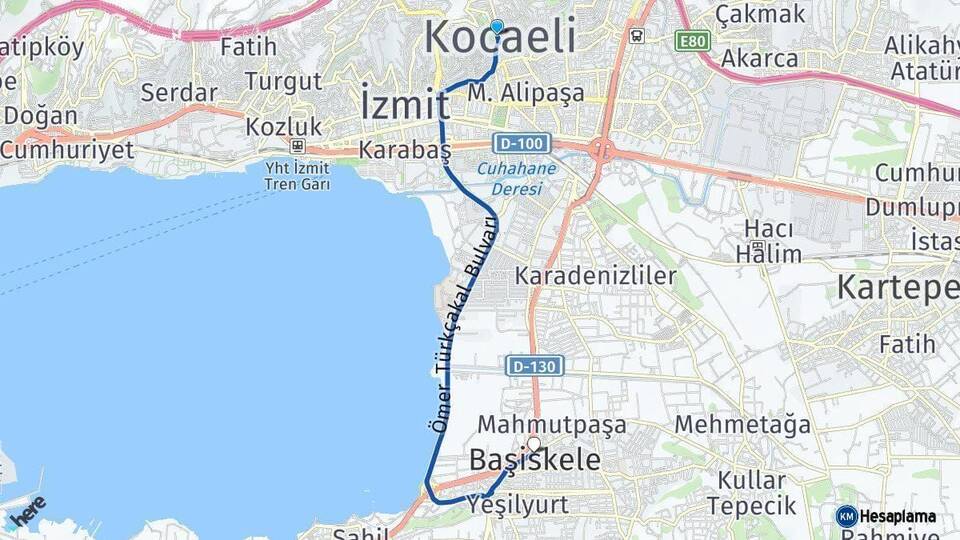 Kocaeli Başiskele Arası Kaç Km - Yol Haritası