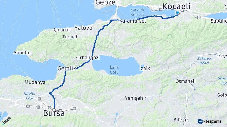 Kocaeli Başiskele Bursa Arası Kaç Km - Yol Haritası