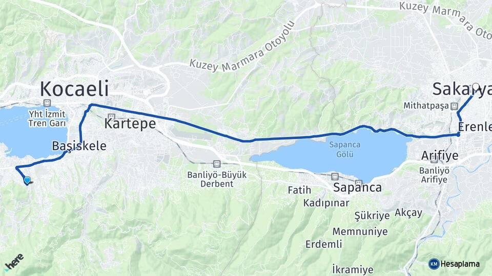 Kocaeli Başiskele Yeniköy Adapazarı Sakarya Arası Kaç Km - Yol Haritası