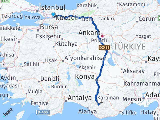 Kocaeli Başyayla Karaman Arası Kaç Km - Yol Haritası