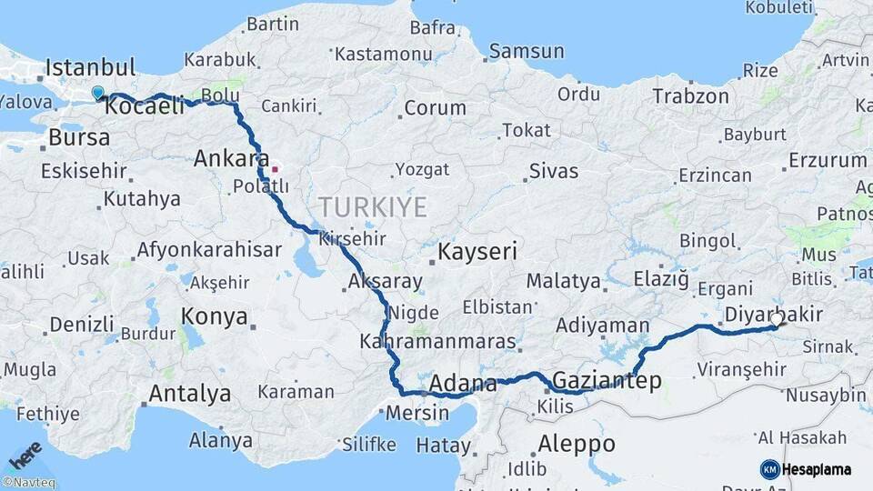 Kocaeli Batman Arası Kaç Km - Yol Haritası