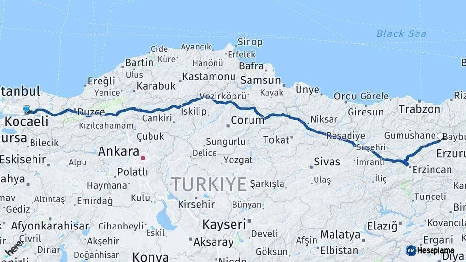 Kocaeli Bayburt Arası Kaç Km - Yol Haritası