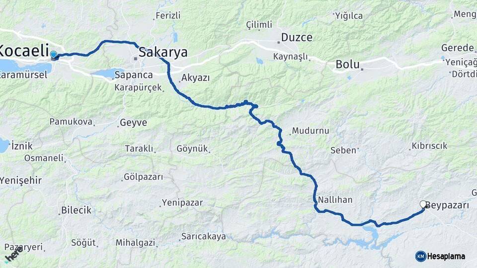 Kocaeli Beypazarı Ankara Arası Kaç Km - Yol Haritası