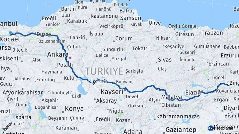 Kocaeli Bingöl Arası Kaç Km - Yol Haritası