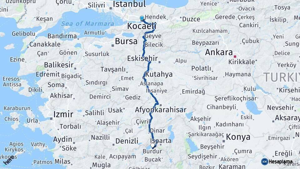 Kocaeli Burdur Arası Kaç Km - Yol Haritası