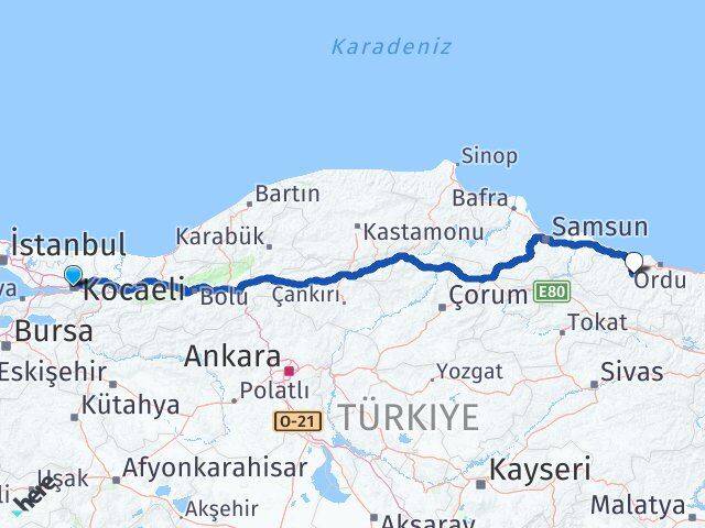 Kocaeli Çamaş Ordu Arası Kaç Km - Yol Haritası