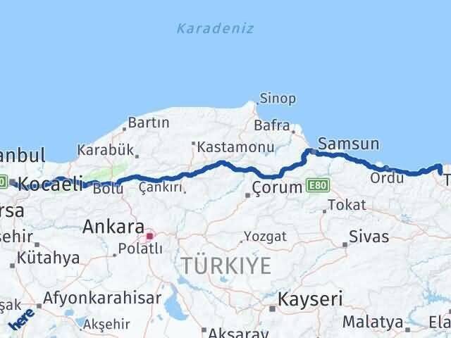 Kocaeli Çanakçı Giresun Arası Kaç Km - Yol Haritası
