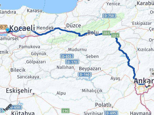 Kocaeli Çankaya Ankara Arası Kaç Km - Yol Haritası