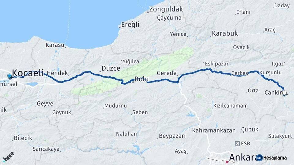 Kocaeli Çankırı Arası Kaç Km - Yol Haritası
