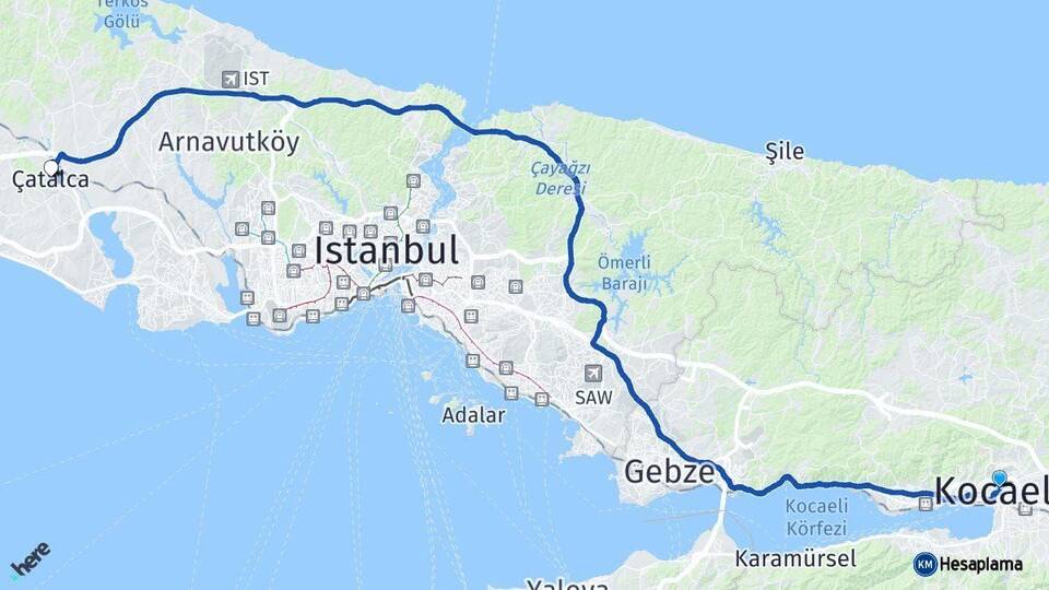 Kocaeli Çatalca İstanbul Arası Kaç Km - Yol Haritası