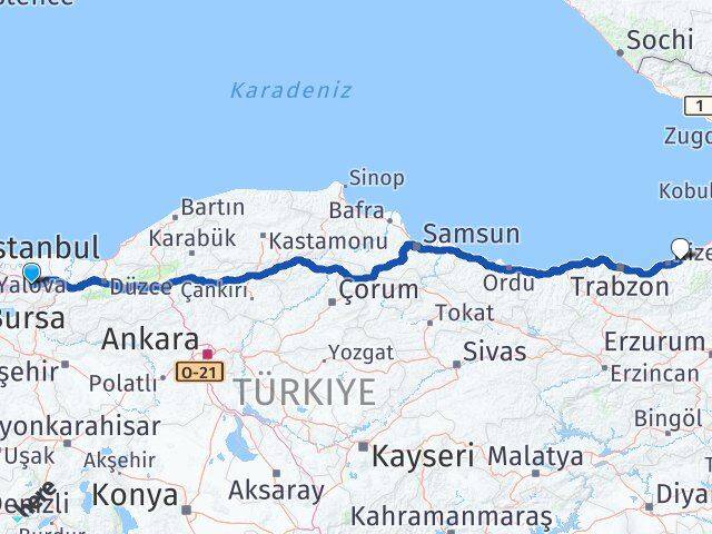 Kocaeli Çayeli Rize Arası Kaç Km - Yol Haritası
