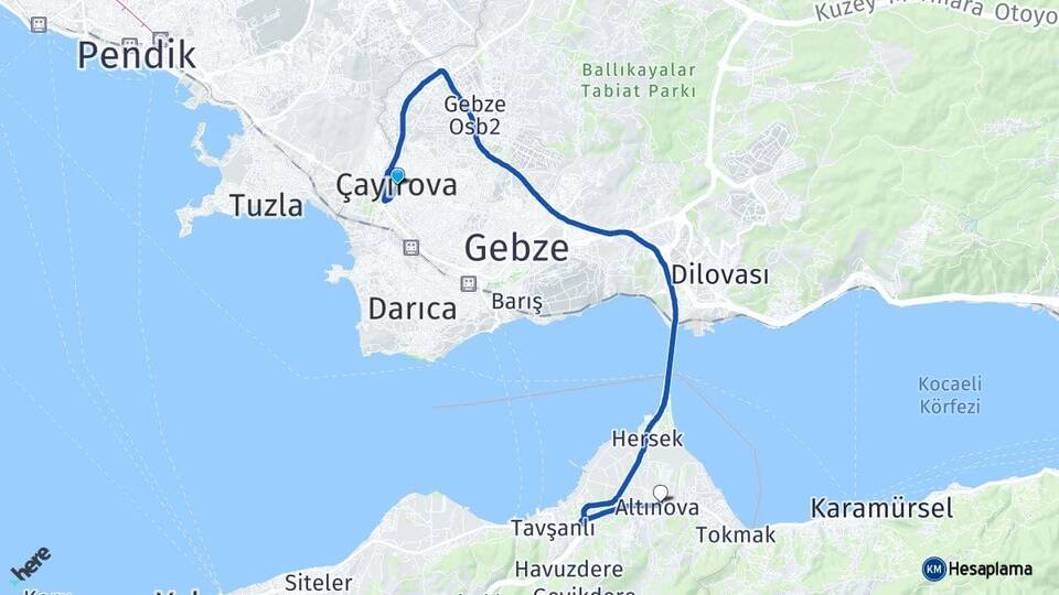 Kocaeli Çayırova Altınova Yalova Arası Kaç Km - Yol Haritası