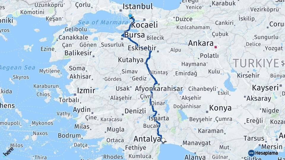 Kocaeli Çayırova Antalya Arası Kaç Km - Yol Haritası