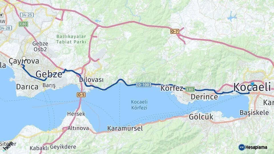 Kocaeli Çayırova Arası Kaç Km - Yol Haritası