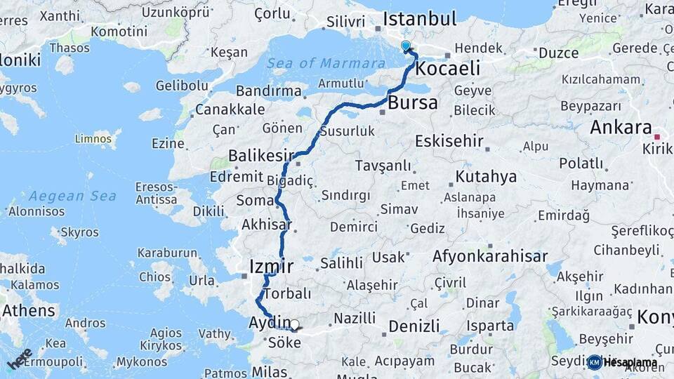 Kocaeli Çayırova Aydın Arası Kaç Km - Yol Haritası