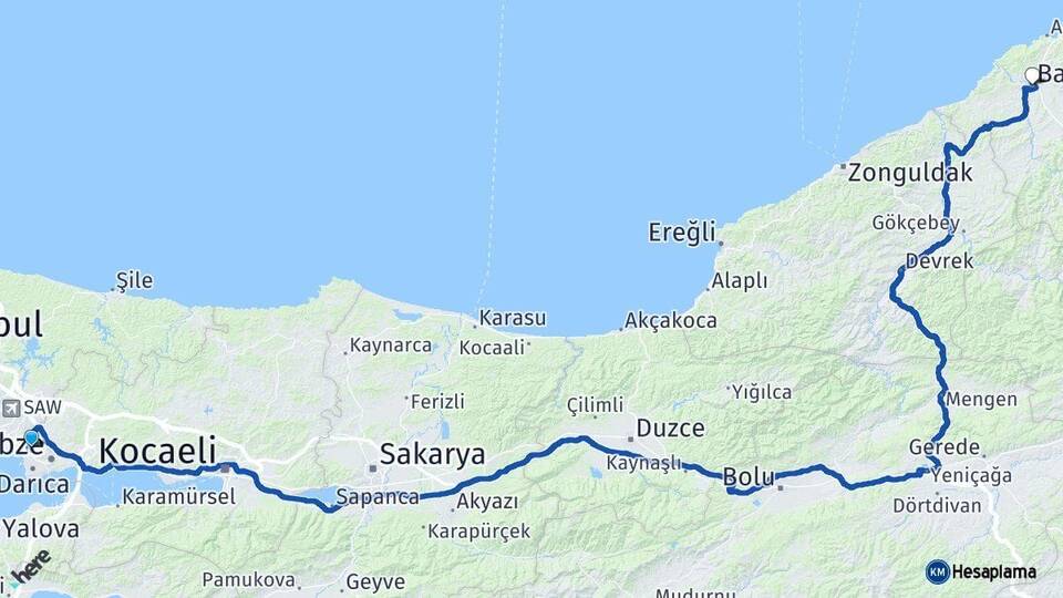 Kocaeli Çayırova Bartın Arası Kaç Km - Yol Haritası