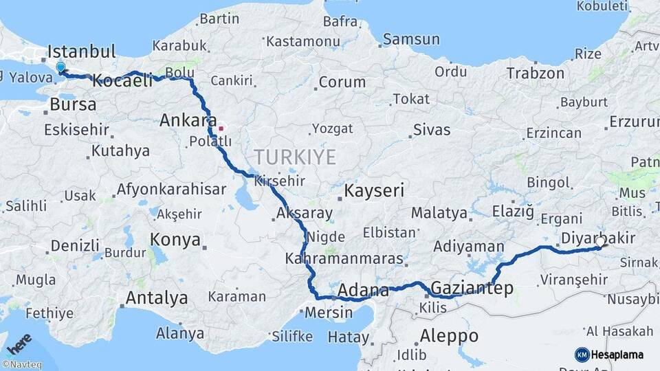 Kocaeli Çayırova Batman Arası Kaç Km - Yol Haritası